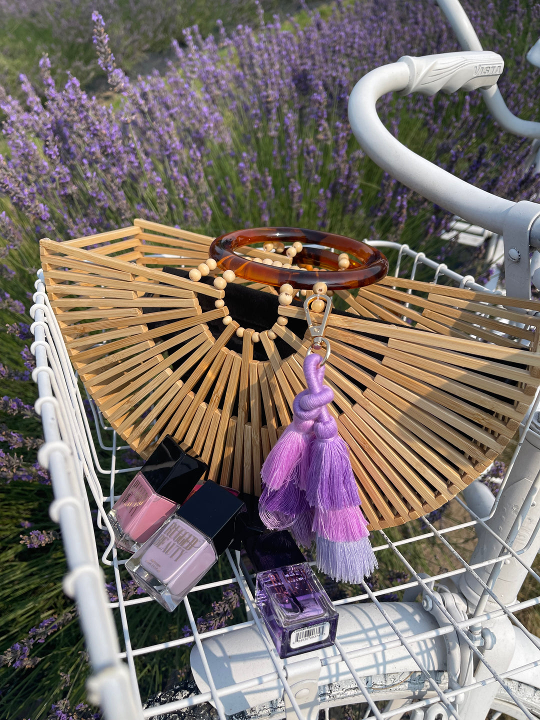 Wooden Half Moon Purse with Lavender Key Chain/Tassel