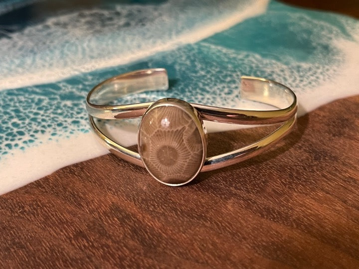 Betty Bailey Petoskey Stone Sterling Silver Cuff Bracelet - Rounded Oval