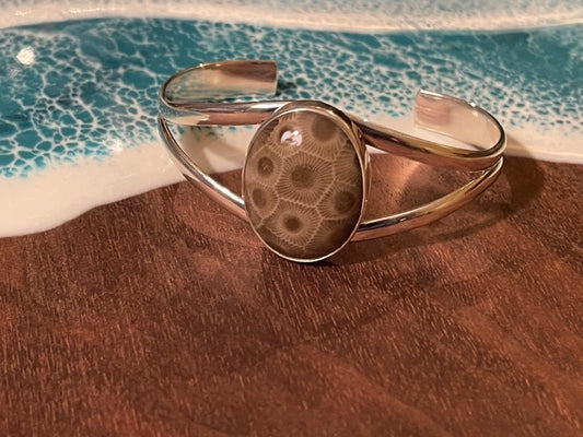 Betty Bailey Petoskey Stone Sterling Silver Cuff Bracelet - Large Medium Oval