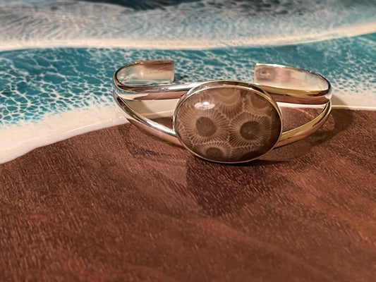 Betty Bailey Petoskey Stone Sterling Silver Cuff Bracelet- Rounded Oval