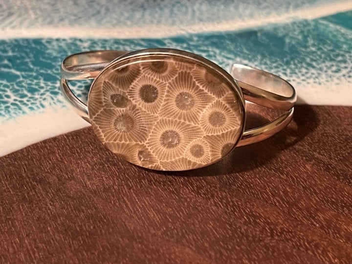 Betty Bailey Petoskey Stone Stirling Silver Cuff Bracelet - Large Oval Flat